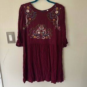 Xhilaration Maroon Embroidered Knee-Length Dress